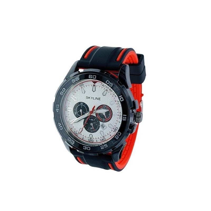 RELOJ CABALLERO SKYLINE CAJA ACERO CORREA CAUCHO NEGRA Y ROJA