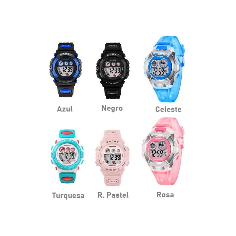Reloj digital infantil caucho colores cronometro luz resistente agua